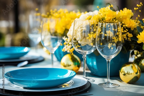 Easter celebration. cheerful table setting with cake, eggs, linen cloth, and spring flowers