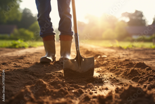 Person is pictured standing in dirt, holding shovel. This image can be used to represent gardening, landscaping, construction, or manual labor. photo