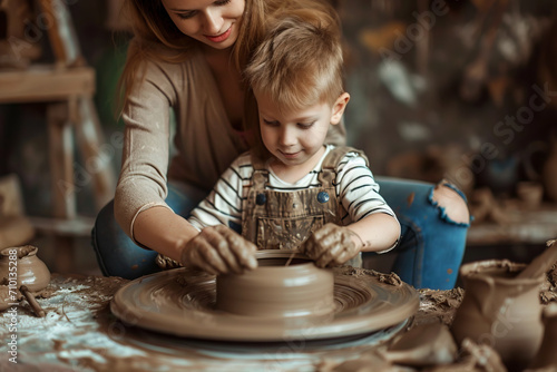 A mother teaches her son to make pottery on a potter's wheel. Children's creativity and art. The boy is making pottery and having fun. A happy family moment