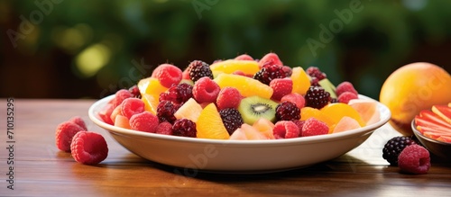 Mixed raspberries  tangerines  grapes  and nectarines create a nutritious fruit salad dessert.