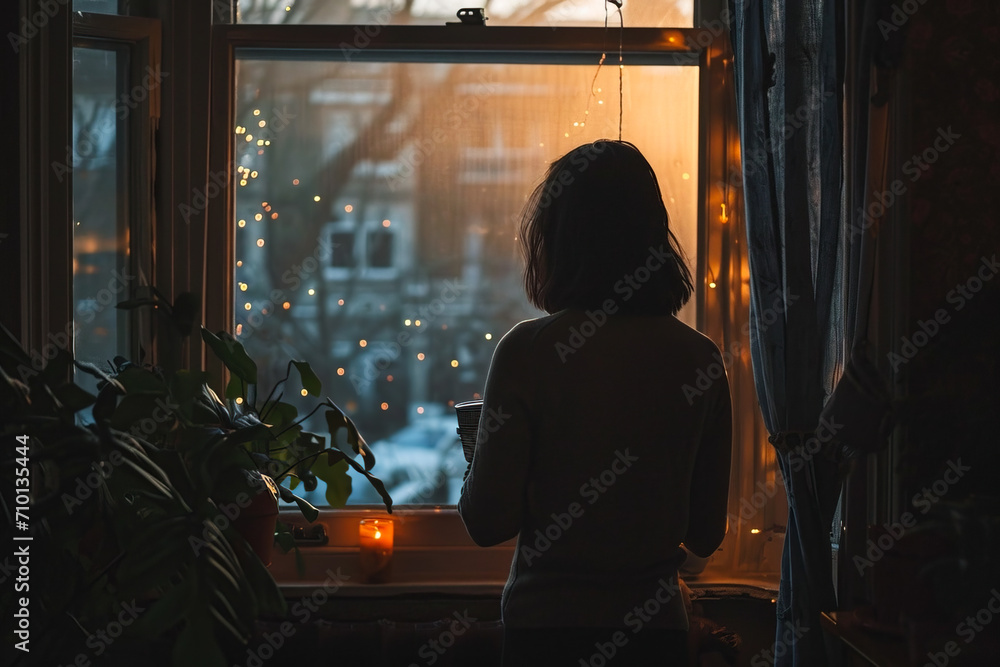 A woman at home with a hot drink stands looking out the window with evening light A woman at home with a hot drink stands looking out the window with evening light