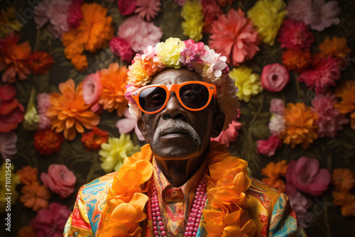 Man wearing vibrant and eye-catching outfit with sunglasses.