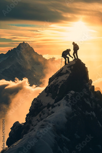 A traveler helps a friend climb to the top of a mountain