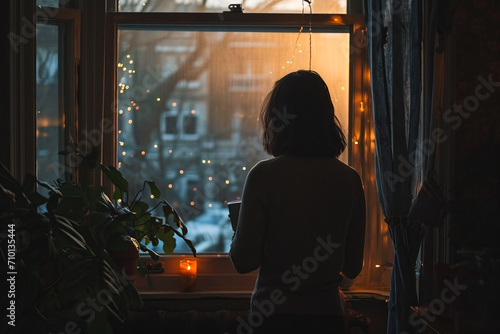 A woman at home with a hot drink stands looking out the window with evening light