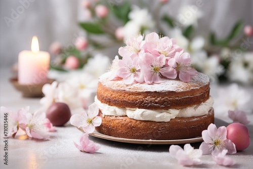 Vibrant easter table decor. festive cake  colorful eggs  linen cloth and fresh spring flowers