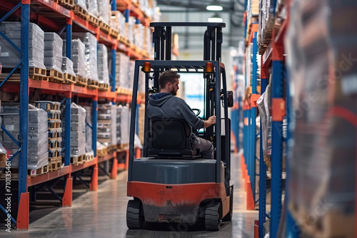 A warehouse worker driving a forklift. A warehouse worker prepares products for shipment, delivery, and checks the availability of goods in the warehouse
