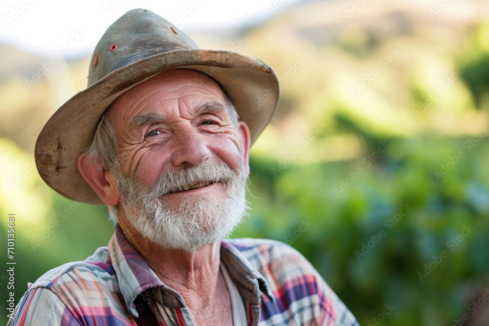 Close-up portrait of a smiling elderly man outdoors in the countryside