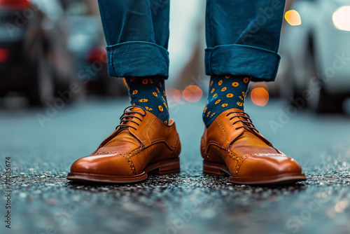 close-up of men's stylish shoes and fancy socks standing on the street