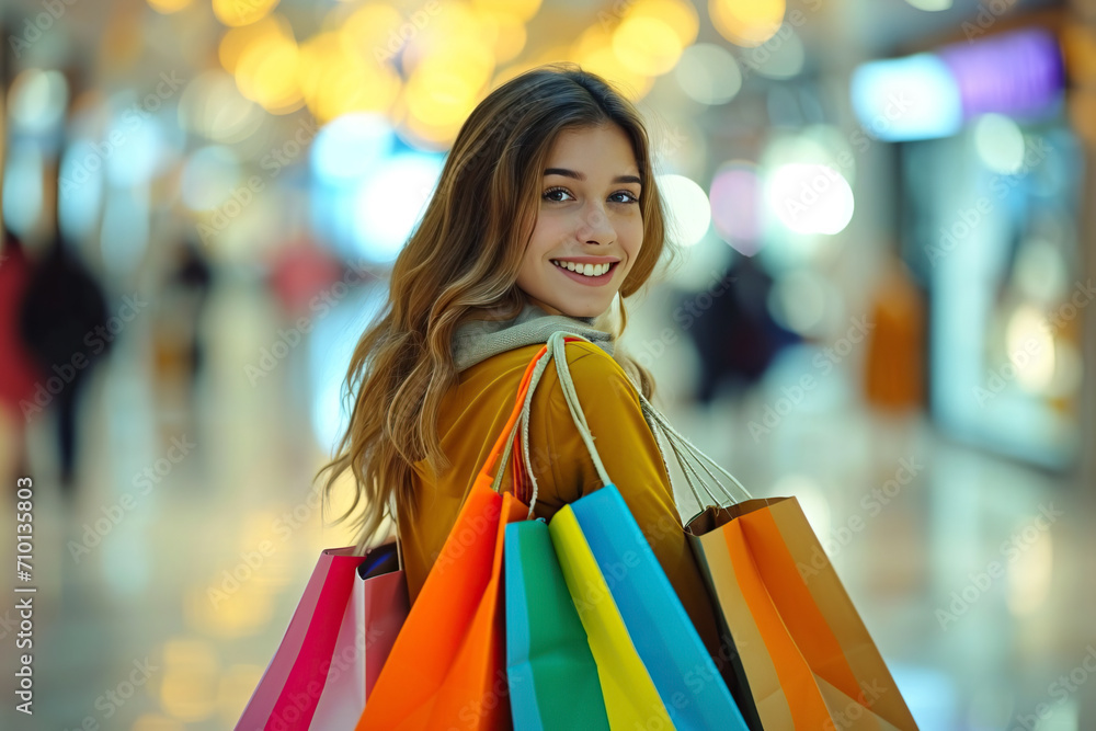 Image of a happy beautiful girl with colored bags in a shopping center Image of a happy beautiful girl with colored bags in a shopping center
