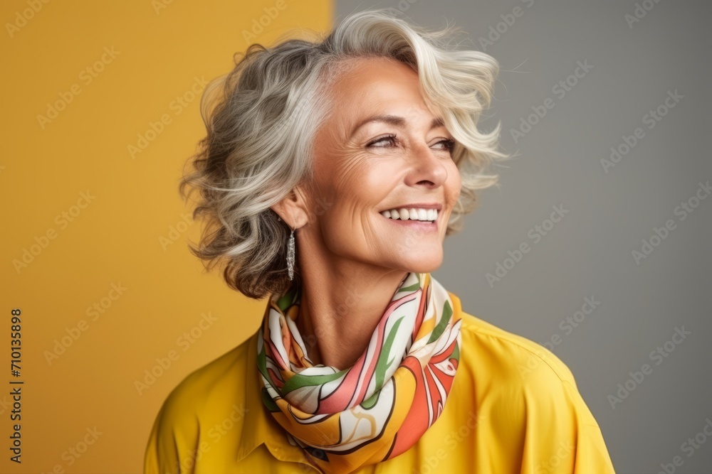 Portrait of happy senior woman in yellow coat and colorful scarf on color background Portrait of happy senior woman in yellow coat and colorful scarf on color background