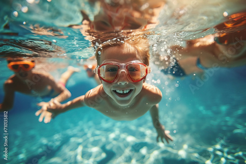 little boy and his family swim underwater in a swimming pool during summer vacation photo