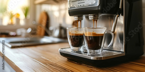 Modern coffee machine with double glass espresso cup on the kitchen table photo