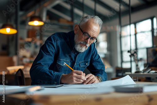 Portrait of a mature male architect working in an office at a desk  studying plans for a new building
