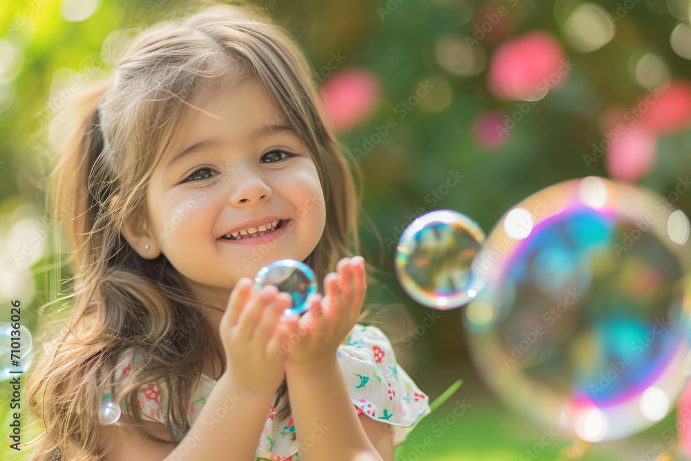 Smiling girl outdoors having fun playing with bubbles in the garden Smiling girl outdoors having fun playing with bubbles in the garden
