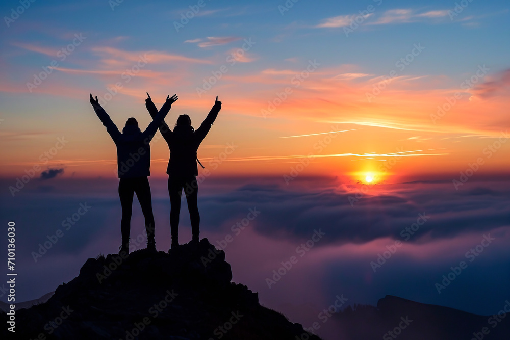 Silhouette of two people with raised arms on a mountain top at sunrise