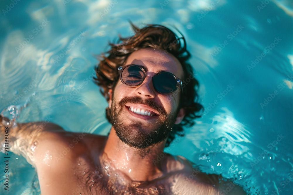 smiling man on a summer vacation, relaxing in the pool smiling man on a summer vacation, relaxing in the pool