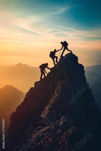 traveler helps a friend climb to the top of a mountain