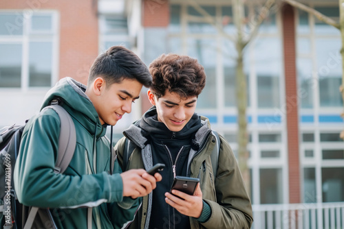 Two middle or high school students on the street outside a school looking at a cell phone