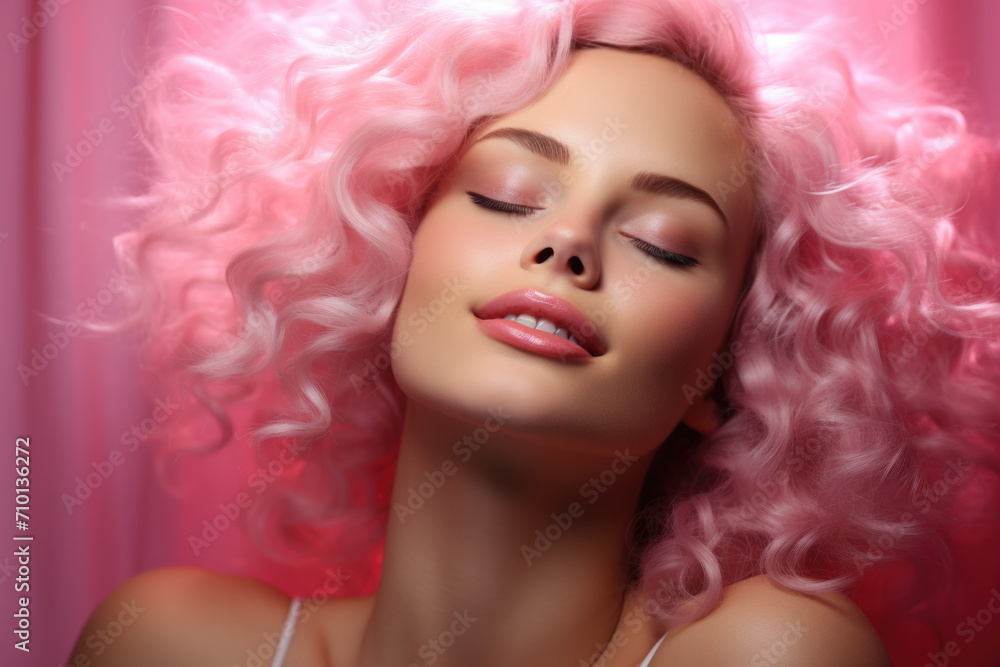 Woman with pink striking hair pose for picture. This image can be used for various purposes.