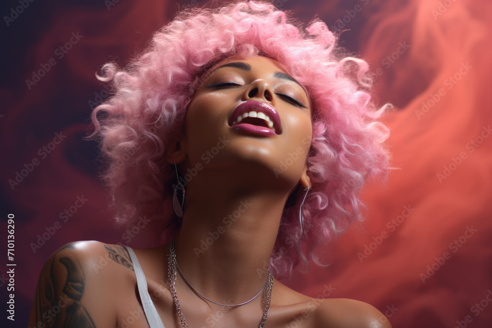 Woman with pink hair and piercings smiling. Perfect for showing individuality and self-expression.