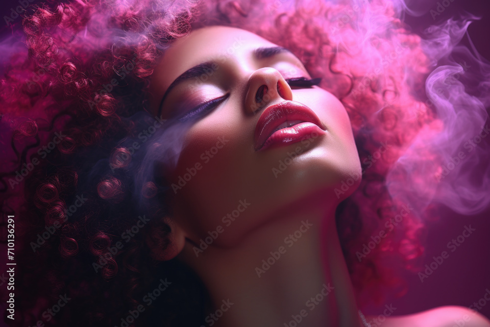 Woman with vibrant red hair exhaling smoke. This image can be used to represent mystery, rebellion, or unique style. Woman with vibrant red hair exhaling smoke. This image can be used to represent mystery, rebellion, or unique style.