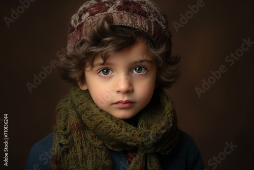 Portrait of a beautiful little boy in a warm hat and scarf
