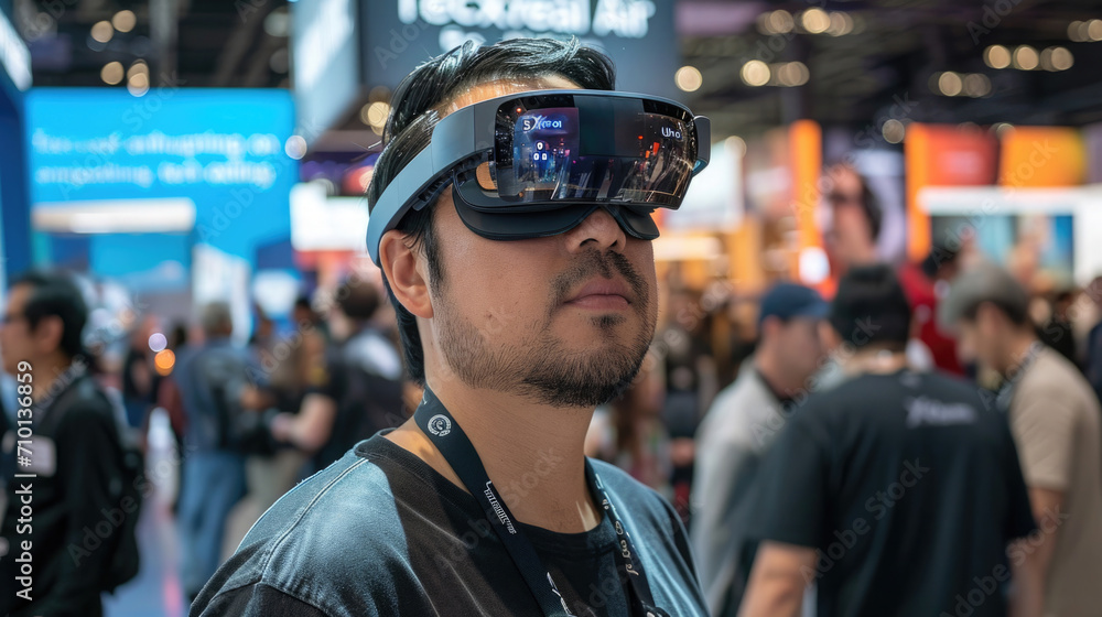Tech enthusiast trying on VR glasses in a tech expo setting Tech enthusiast trying on VR glasses in a tech expo setting