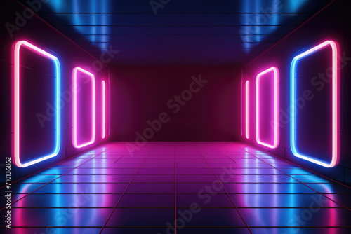Empty room with vibrant neon lights on walls. Perfect for adding modern and energetic touch to any project.