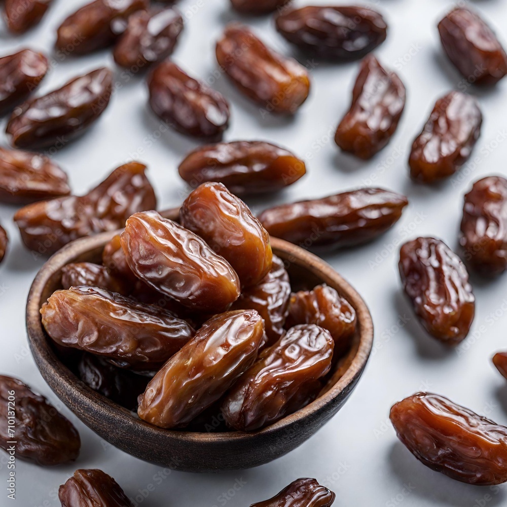close up of dried dates in a bowl on grey top view