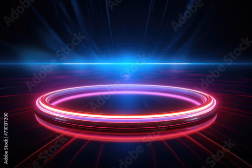 Neon lights circle illuminating dark room. Perfect for creating vibrant and energetic atmosphere. Ideal for use in nightclub promotions or futuristic themed designs.