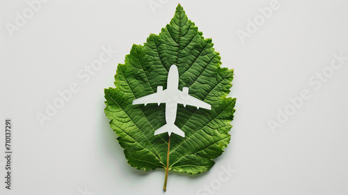 Leaf in which the shape of an airplane is carved. Concept of Sustainable Aviation Fuel (SAF) and Aviation Biofuel. Reducing the Carbon Footprint within the environmental impact of aviation. photo