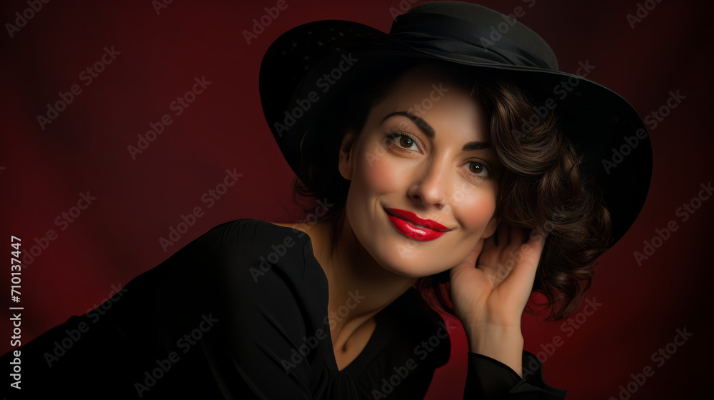Portrait, studio photograph of woman model wearing a elegant hat posing against red brown background Portrait, studio photograph of woman model wearing a elegant hat posing against red brown background