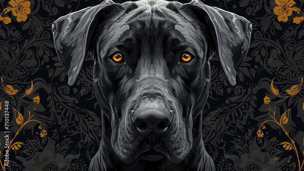 Obraz premium illustrated black labrador retriever with golden brown eyes on floral patterned background