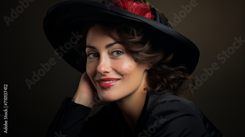 Portrait, studio photograph of woman model wearing a elegant hat posing against brown background