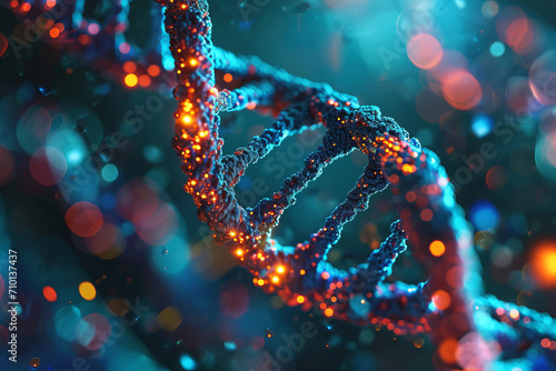 Illuminated DNA double helix structure with a dynamic bokeh effect, representing the vibrant essence of life and genetic research