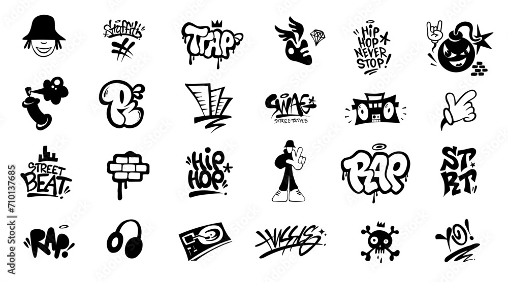  rap music graffiti hip hop culture symbols icon set , vector design element - obrazy, fototapety, plakaty 