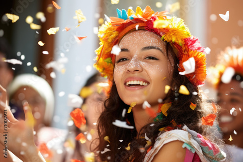 Woman wearing flower crown is surrounded by confetti. Perfect for celebrations and joyous occasions.