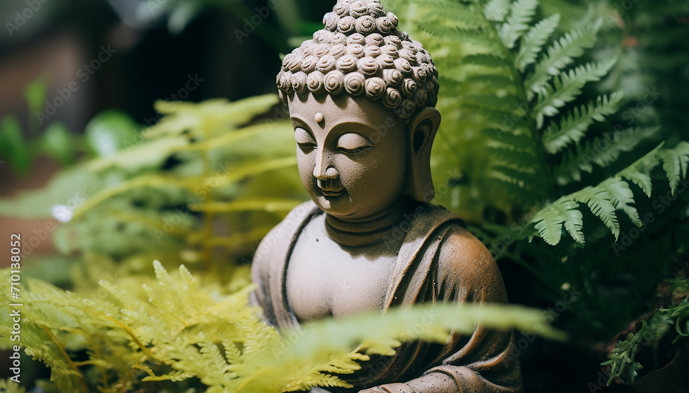 Buddhist statue meditating in tranquil forest, ancient culture generated by AI