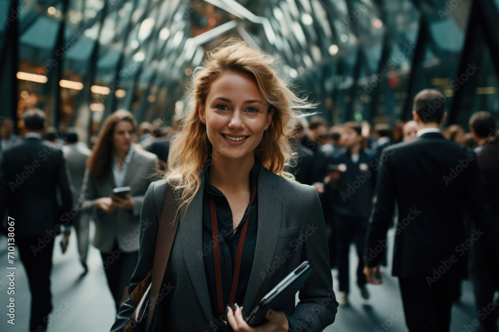Fototapeta premium Professional woman in business suit confidently holds cell phone. This versatile image can be used to represent communication, technology, business, or modern lifestyle concepts.