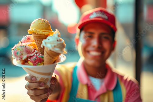 Ice cream delivery delight, a cheerful image featuring an ice cream delivery person handing over a delightful package of assorted ice cream treats.