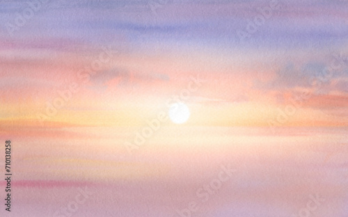 Abstract watercolor background, sunset in the sea. Seascape painted with watercolors on paper.