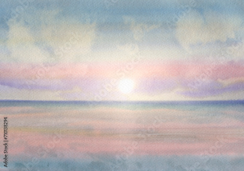 Abstract watercolor background, sunset in the sea. Seascape painted with watercolors on paper.
