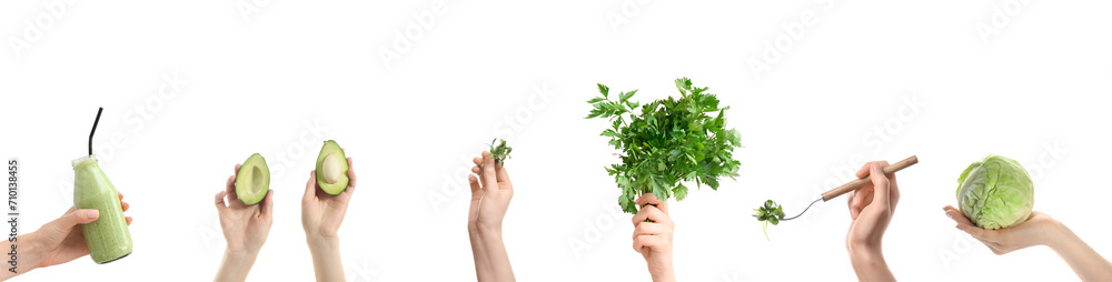 Collage of hands holding green vegetables and healthy smoothie in bottle on white background Collage of hands holding green vegetables and healthy smoothie in bottle on white background