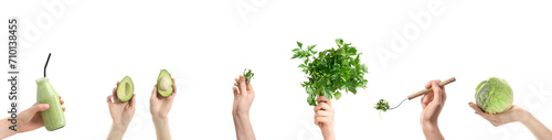 Collage of hands holding green vegetables and healthy smoothie in bottle on white background