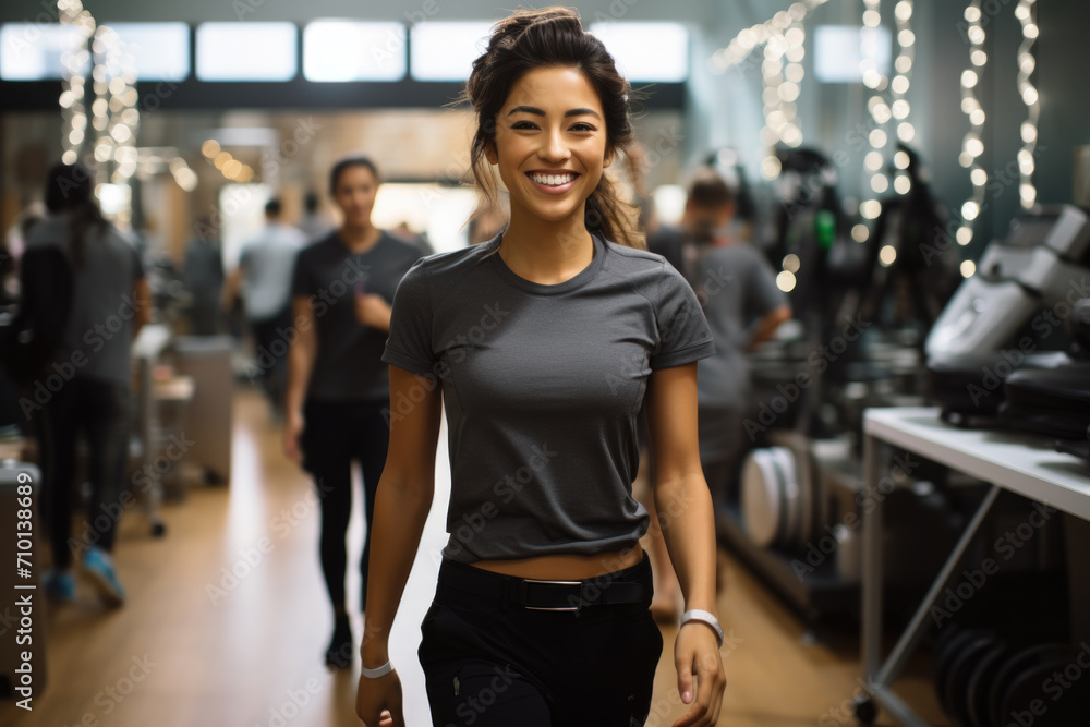 Woman is pictured walking down hallway in gym. This image can be used to depict fitness, exercise, or atmosphere of gym.