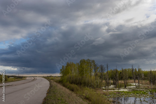 spring landscape with a cloudy sky and a highway, a swampy roadside area, environmental disruption due to the construction of a highway.