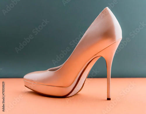 Frontal shot of Heeled shoe on peach background. High resolution photography with shallow depth of field. Soft studio lighting and Copy Space.