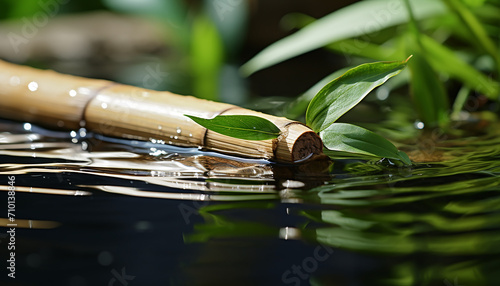 Fresh green leaf reflects in tranquil water generated by AI
