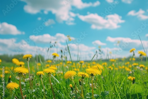A beautiful field full of yellow flowers under a vibrant blue sky. Perfect for nature enthusiasts and springtime-themed designs