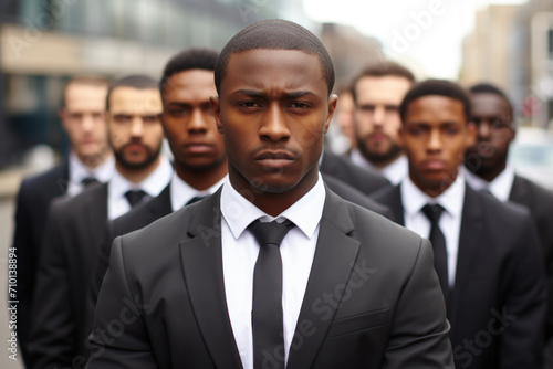 Professional man in suit and tie standing confidently in front of group of other men. Suitable for business and leadership concepts.